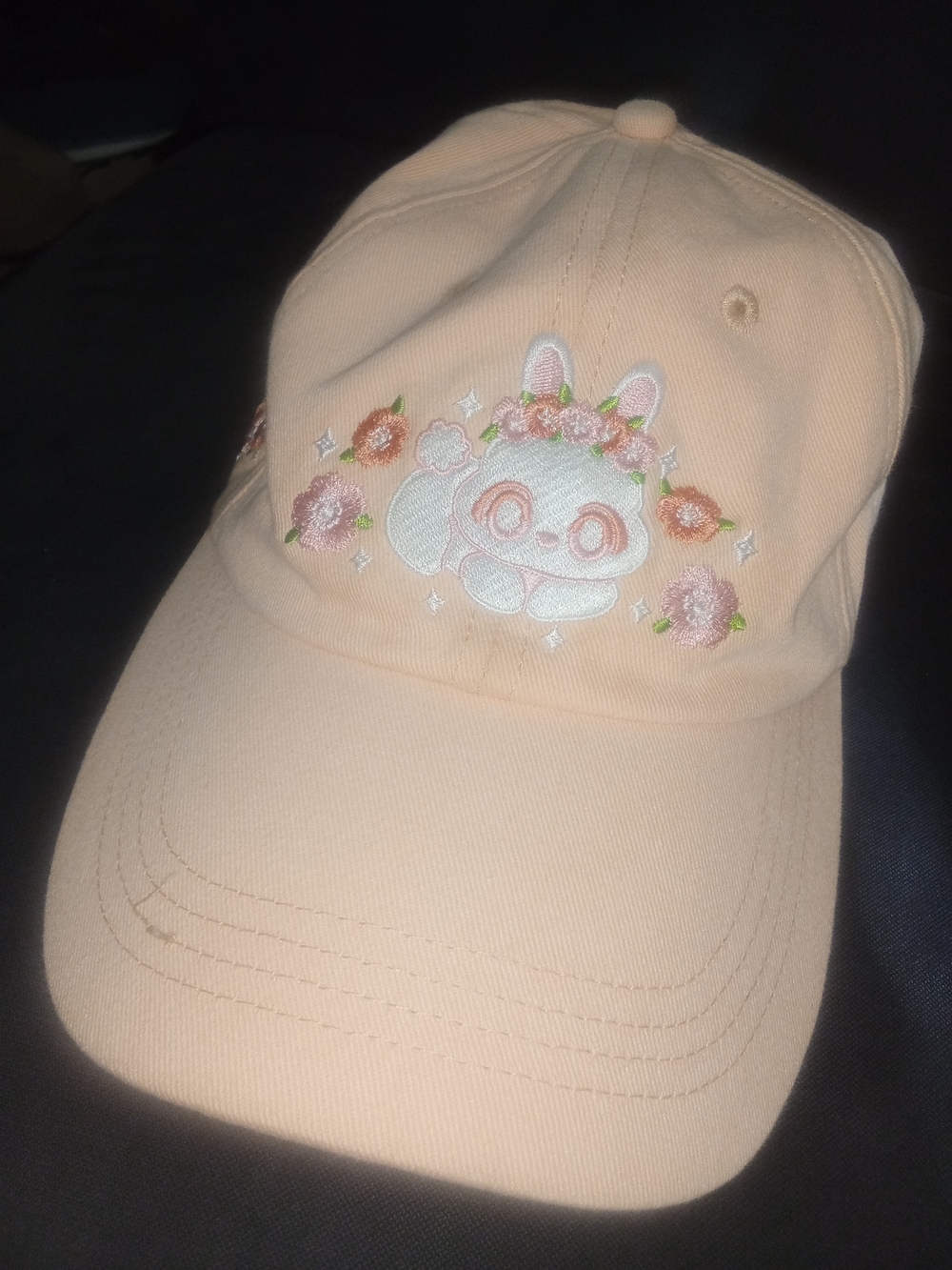 Peach Floral Bunny Embroidered Baseball Cap
